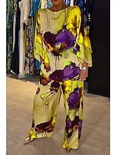 ieftine Trening pentru femei-Dame Mărime EU / US2 Pieces SetsModă Stilat Trening Bolero Top Lungime Manșon 3/4 Rotund Floral Imprimeu Purtare Zilnică Negru Galben Roz Îmbujorat Toate Sezoanele Potrivire Largă