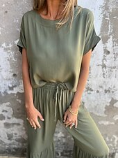 cheap Sets-Women&#039;s Active Basic Cotton Linen Sets Short Sleeve Crew Neck Solid Color Ruffle Casual Daily Black Army Green Orange Summer Regular Fit