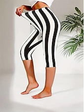 abordables Art &amp; Design Impression-Femmes Leggings Vacances ancien Mode Longueur complète Taille Moyenne Graphique Rayé Impression Chaleur Thermique Respirant Doux Élastique Extérieur Vacances Rue Noir Été Printemps Coupe Slim