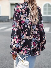 billige Boho topper-Dame Boho skjorte Bluse Blomsternål i krystall Moderne Bohem Langermet V-hals Vanlige topper Daglig Ut på byen Trykt mønster Svart Navyblå Blå Aprikos Sommer