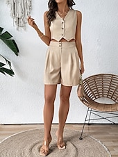 preiswerte Kurze Sets für Damen-Damen 2 Teile Fashion Streetwear Daily Weste Shorts Sets Ärmellos V-Ausschnitt Einfarbig Lässig Daily Khaki Sommer Reguläre Passform