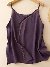 abordables Chemises-Femmes Gilet en coton et lin Chemisier Fleur Élégant Moderne Sans manches Bretelle Hauts Réguliers Fête Sortir Broderie Violet Été