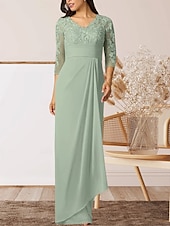 preiswerte Bodenlänge-Säule  Kolonne Mutter der Braut Kleid Hochzeitsgast Elegantes Hoher Schlitz V-Ausschnitt Bodenlanges Chiffon 3/4 Länge Ärmel mit Rüschenapplikationen Raffung