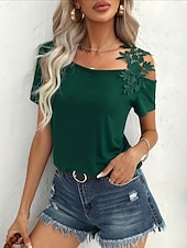preiswerte Einfarbiges T-Shirt-Damen T Shirt Einfach Mode Modern Lässig Kurzarm V Ausschnitt Normale Oberteile Täglich Wochenende Patchwork Bestickt Schwarz Weiß Braun Grün Sommer Frühling