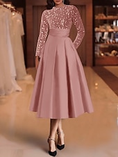 economico Abiti da cocktail-Abiti da cocktail A-line in paillettes elegante abito invitata a matrimonio lunghezza tè maniche lunghe scollo a gioiello in raso con pieghe abiti Derby 2025