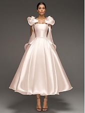 preiswerte Lange Kleider / Abendkleider-A-Linie Cocktailkleider Elegant Formale Hochzeit knöchellang ärmellos Spaghettiträger Kleid Satin mit Schleife(n)