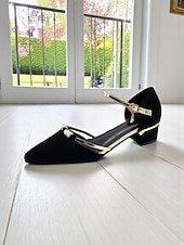 cheap Block Heel Pumps-Women's Black Suede Block Heel Dress Shoes with Gold Ankle Straps, Rhinestone Buckle for Daily Date, Casual Office, Romantic Evenings