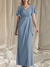 abordables Longueur du plancher-Ligne A Robe de Mère de Mariée  robe demoiselle d honneur Élégant Doux Col en V Longueur au sol Chiffon Manche Courte avec Fronces Drapé latéral 2025