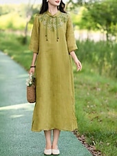 ieftine Rochii-Pentru femei Rochii Midi Rochie din in bumbac Rochie florala Modă Modern Vacanță Zilnic Concediu Fit regulat Floare Manșon Jumate Guler de stand Roz Îmbujorat Albastru piscină Trifoi Caisă Vară