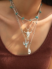 cheap Women&#039;s Necklace-Women&#039;s Western Layered Turquoise Beaded Necklace Set – Boho Statement Jewelry with Cactus &amp; Teardrop Charms, Ideal for Festivals, Country Concerts and Casual Wear