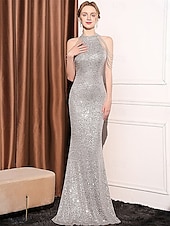 voordelige Grijs-Zeemeermin  Trompet Quinceañera Jurken Elegante Jurk Formele Bruiloft Vloerlengte Mouwloos Halter Nek Polyester met Pailletten