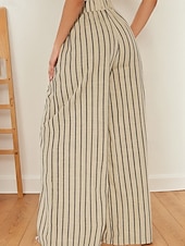 baratos Calça de linho de algodão gráfico-Mulheres Calças de linho de algodão Calças Moda Roupa de rua Comprimento total Natural Listrado Bolsos Cintura elástica Confortável Ao ar livre Rua cáqui Verão Normal