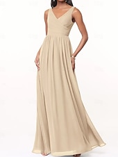baratos Vestidos para Madrinhas-Vestido de Dama de Honra A-Line Decote V Sem Mangas Elegante Comprimento Total Chiffon com Plissado  Franzido