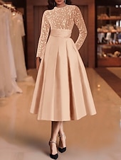 economico Abiti da cocktail-Abiti da cocktail A-line in paillettes elegante abito invitata a matrimonio lunghezza tè maniche lunghe scollo a gioiello in raso con pieghe abiti Derby 2025