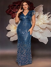 baratos Champanhe-Vestidos Sereia  Trompete Plus Size Vestido Elegante Curvas Formal Casamento Comprimento do Chão Sem Mangas Decote em V Com Lantejoulas com Lantejoulas