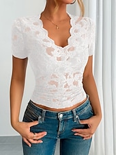 abordables Hauts en dentelle-Blouse en dentelle pour femmes tops à couleur unie élégant décontracté manches courtes col en V tops réguliers quotidiens patchwork en dentelle noir blanc vert été printemps