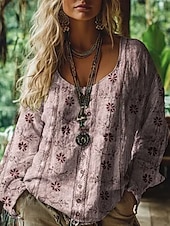 ieftine Topuri Boho-Bluză western pentru femei, cămașă boho, bluză cu imprimeu floral, modern, casual, mânecă lungă, decolteu în V, topuri obișnuite, zilnic, vacanță, ieșiri în oraș, imprimeu, verde deschis, roz, albastru, violet, verde, vară, toamnă
