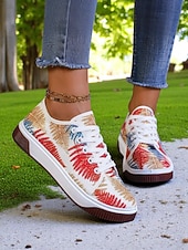 billiga Damsneakers-Färgglada damsneakers med lövtryck – avslappnade snörskor för naturälskande kvinnor, perfekta för promenader utomhus och vardagsbruk
