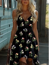 preiswerte Boho Kleid-Damen Minikleid Sommerkleid Unterkleid Schulterfreies Kleid Urlaub Lässig Boho Outdoor Cocktailparty Ausgehen Standard Passform Blumen Grafik Geometrisch Ärmellos V Ausschnitt Schwarz Hellgrün Rosa