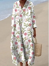 abordables Robes Rayés et Géométriques-Femmes Robe Midi Robe d&#039;Été Robe trapèze Vacances Occasionnel Boho Soirée Sortir Plage Fleuri Graphique manche longue Col en V Rose Claire Blanche Vert Claire Rose Claire Été Printemps