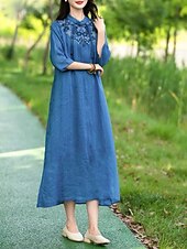 ieftine Rochii-Pentru femei Rochii Midi Rochie din in bumbac Rochie florala Modă Modern Vacanță Zilnic Concediu Fit regulat Floare Manșon Jumate Guler de stand Roz Îmbujorat Albastru piscină Trifoi Caisă Vară