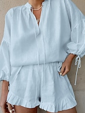 voordelige Stelt in-Dames Actief Overhemd Blouse Shorts Sets Lange mouw V-hals Effen Kleur Met ruches Buiten Feestdagen Wit Blozend Roze Zwembad Zomer Normale pasvorm