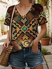 billige Boho t-skjorte-Dame T skjorte Grafisk Geometrisk Årgang Stilfull Klassisk Kortermet V-hals Vanlige topper Daglig Trykt mønster Rød Blå Lilla Oransje Grønn Sommer Vår