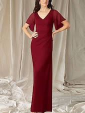 abordables Longueur du plancher-Sirène / Trompette Robe de Mère de Mariée  robe demoiselle d honneur Élégant Doux Col en V Longueur au sol Chiffon Manche Courte avec Fronces 2025