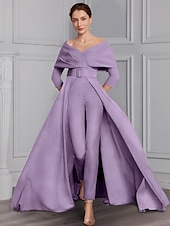 voordelige Mama&amp;#39;s jumpsuits-Twee-delige Jumpsuit Moeder van de Bruid Formele Bruiloft Gast Elegante Feest Scoop Hals Off Schouder Enkele Lengte Rekbare Stof 3/4 Lange Mouw met Ceintuur  Riem 2025