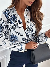 preiswerte Boho Tops-Damen Hemd Boho-Hemd Bluse Blume Modern Boho Langarm Hemdkragen Normale Oberteile Ferien Ausgehen Druck Weiß Königsblau Blau Braun Khaki Sommer