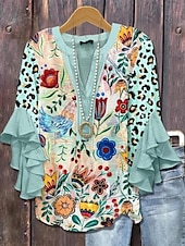 tanie Dzień Niepodległości Top-Amerykańska bluzka damska z grafiką lamparta boho vintage codzienna 3/4 długości rękaw falbaniasty dekolt w kształcie litery V regularne topy codzienny urlopowy strój nadruk żółty jasnozielony różowy