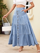 economico Gonne semplici-Per donna Gonna Gonna longuette in jeans Casual Boho Maxi Vita media Gonne Semplice Arricciato Tasca Micro-elastico Vacanza Casual Quotidiano Azzurro cielo Estate Denim