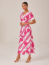 abordables Robes de vacances-Femmes Féminin Robe Décontractée Robe Longue Maxi Robe Rose Claire Manche Courte Fruit Col en V Imprimé Été Col en V Vacances XS S M