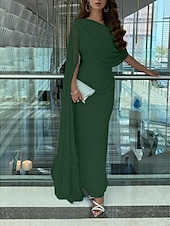 preiswerte BLAU-Sheath Abendkleid elegantes Kleid formelles Fall-Sweep-/Pinselzug ärmelloses Cowl-Ausschnitt Chiffon mit Feder Raffung Schlitz 2025