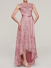 abordables Longueur du plancher-Robe Mère de la Mariée A-Line Bleu Ciel Élégante Invité de Mariage Simple Luxueuse Col Bateau Longueur de Sol Satin Ceinture Dentelle Sans Manches