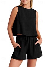 cheap Sets-Women&#039;s Active Basic Cotton Linen Sets Blouse Shorts Sets Sleeveless Crew Neck Solid Color Drawstring Going out Weekend Black Blue Orange Summer Regular Fit