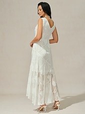 voordelige Feestjurken-Dames Maxi-jurk Jurk met ruches Elegant Bruiloft Bruiloft gast Avond Feest Normale pasvorm Bloemig Mouwloos U-hals Wit Zomer Lente