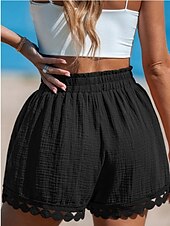 baratos Shorts jeans-Mulheres chinês Calção Roupa de rua Estilo Étnico Básico Curto Cintura Alta Tecido Bolsos Cintura elástica Confortável Macio Micro-Elástica Ao ar livre Férias Rua Preto Branco Rosa Azul Verão Normal