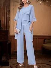 economico Tailleur pantalone della mamma-Completo  Abito da Pantaloni 3 Pezzi Abito Elegante per la Madre della Sposa Semplice Minimalista Collo a Giro Lunghezza Terra Lunghezza Caviglia Chiffon Maniche Mezza con Cristalli Ruches Scendenti