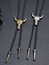abordables Corbatas y pajaritas para hombres-Collar de bolo con cabeza de toro para hombre: colgante de calavera de vaca occidental con cordón de cuero trenzado, accesorio vintage de estilo vaquero para conciertos de música country, rodeos y uso diario.