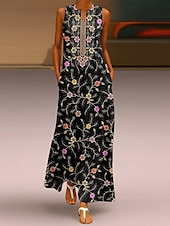 preiswerte Blumenkleider-Damen Maxikleid Sommerkleid A Linie Kleid Urlaub Lässig Boho Täglich Ferien Normale Passform Blumen Grafik Ärmellos V Ausschnitt Schwarz Sommer