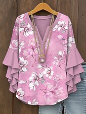 baratos Tops Florais-Blusa Feminina Topos com Mangas em Camadas de Babados Estampas Florais Gráficas Bohemia Vintage Diária Mangas 3/4 V Neck Regulares Topos de Uso Diário de Férias Imprimem Rosa Azul Roxo Verde Verão