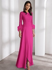 cheap BLUE-Blue A-Line Evening Gown Elegant Dress Formal Wedding Floor Length Long Sleeve Crew Neck Chiffon with Feather Ruffles 2025