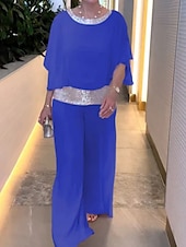 abordables Ensembles chemisiers pour femmes-Ensembles de pantalons de mode 2 pièces pour femmes vêtements de rue quotidiens manches 3/4 col rond couleur unie sequins patchwork décontracté quotidien noir blanc rose été coupe régulière