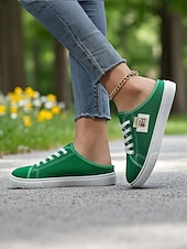 economico Sneakers da donna-Sneakers slip-on da donna in tela verde con lacci – comode scarpe da ginnastica senza schienale, ideali per passeggiate, shopping, corse a scuola e giornate estive informali