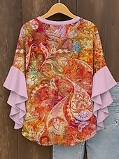 levne Dámské boho topy-Dámské Halenka Grafika Kašmírový vzor Elegantní Čechy Geleneksel 3/4 délka rukávu Do V Běžné topy Denní Dovolená Oblečení na dovolenou Volány Tisk Rubínově červená Vodní modrá Fialová Oranžov