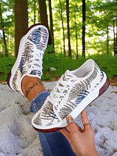 billiga Damsneakers-Färgglada damsneakers med lövtryck – avslappnade snörskor för naturälskande kvinnor, perfekta för promenader utomhus och vardagsbruk
