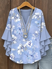 baratos Tops Florais-Blusa Feminina Topos com Mangas em Camadas de Babados Estampas Florais Gráficas Bohemia Vintage Diária Mangas 3/4 V Neck Regulares Topos de Uso Diário de Férias Imprimem Rosa Azul Roxo Verde Verão