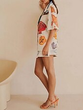 baratos Conjuntos-Mulheres Moda Roupa de rua Camisas de algodão e linho Conjuntos de linho de algodão Conjuntos de saia Manga Curta Colarinho de Camisa Estampado Imprimir Roupa Diária Encontro Branco Verão Normal
