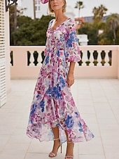 preiswerte Bodenlänge-Blumenkleid Mutter der Braut Kleid Elegant Vintage V-Ausschnitt Asymmetrisch Chiffon 3/4-Länge Ärmel mit Spitzenapplikationen Blumen Renntagskleid Hochzeitsgast Kleid